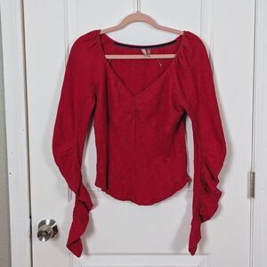 Pilcro | Red Textured V-Neck Blouse Ruched Front Long Sleeve Size Medium